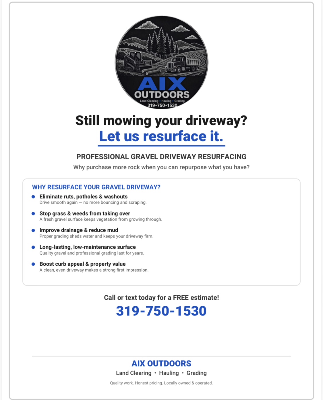 AIX Outdoors driveway resurfacing marketing flyer sample